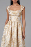 Gold A-Line Square Neck Ruched Jacquard Floral Midi Dress