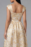 Gold A-Line Square Neck Ruched Jacquard Floral Midi Dress