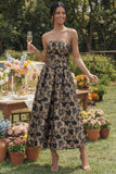 Black A-Line Strapless Ruched Jacquard Floral Midi Dress