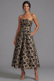 Black A-Line Strapless Ruched Jacquard Floral Midi Dress