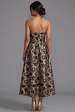 Black A-Line Strapless Ruched Jacquard Floral Midi Dress