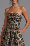 Black A-Line Strapless Ruched Jacquard Floral Midi Dress