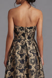 Black A-Line Strapless Ruched Jacquard Floral Midi Dress