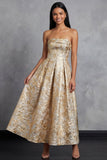 Black A-Line Strapless Ruched Jacquard Floral Midi Dress