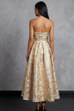 Black A-Line Strapless Ruched Jacquard Floral Midi Dress
