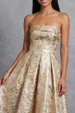 Black A-Line Strapless Ruched Jacquard Floral Midi Dress