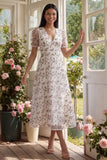 White Pink Flower A-Line Tulle V-Neck Floral Midi Dress with Short Sleeves