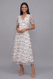 White Pink Flower A-Line Tulle V-Neck Floral Midi Dress with Short Sleeves