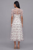 White Pink Flower A-Line Tulle V-Neck Floral Midi Dress with Short Sleeves
