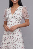 White Pink Flower A-Line Tulle V-Neck Floral Midi Dress with Short Sleeves