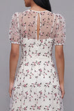 White Pink Flower A-Line Tulle V-Neck Floral Midi Dress with Short Sleeves