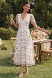 White Pink Flower A-Line Tulle V-Neck Floral Midi Dress with Short Sleeves