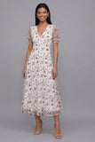 White Pink Flower A-Line Tulle V-Neck Floral Midi Dress with Short Sleeves