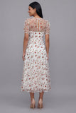White Pink Flower A-Line Tulle V-Neck Floral Midi Dress with Short Sleeves