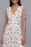 White Pink Flower A-Line Tulle V-Neck Floral Midi Dress with Short Sleeves