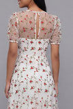 White Pink Flower A-Line Tulle V-Neck Floral Midi Dress with Short Sleeves