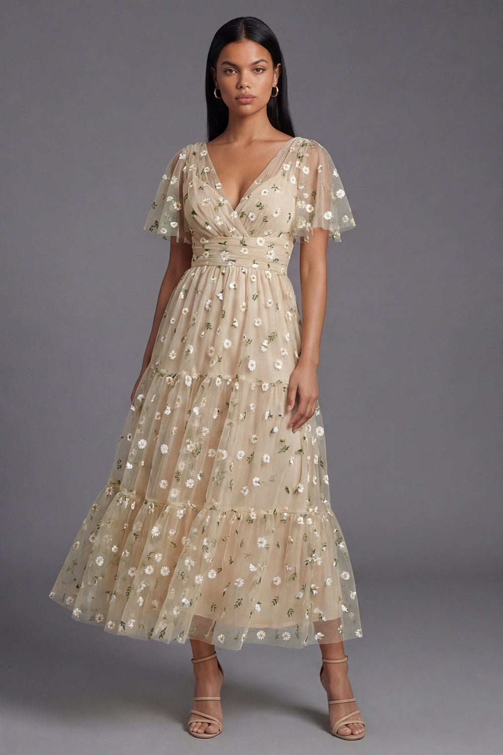ZAPAKA Women Tulle Champagne Floral Dress A-Line Embroidered V-Neck