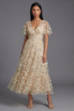 Champagne V-Neck Embroidered A-Line Tulle Floral Dress with Flutter Sleeves