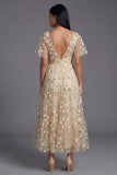 Champagne V-Neck Embroidered A-Line Tulle Floral Dress with Flutter Sleeves