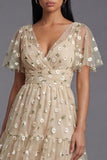 Champagne V-Neck Embroidered A-Line Tulle Floral Dress with Flutter Sleeves