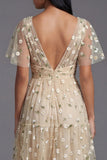 Champagne V-Neck Embroidered A-Line Tulle Floral Dress with Flutter Sleeves