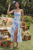 White Blue Flower Chiffon Corset Ruched Sheath Midi Dress with Slit