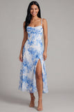 White Blue Flower Chiffon Corset Ruched Sheath Midi Dress with Slit