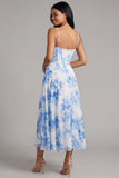White Blue Flower Chiffon Corset Ruched Sheath Midi Dress with Slit
