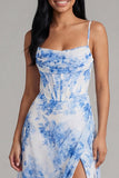 White Blue Flower Chiffon Corset Ruched Sheath Midi Dress with Slit