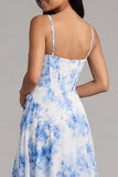 White Blue Flower Chiffon Corset Ruched Sheath Midi Dress with Slit