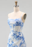 White Blue Flower Cowl Neck Ruched Corset A-Line Wedding Guest Dress with Slit