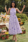 Lilac Chiffon Halter Neck Ruched Sheath Floral Midi Dress with Bow