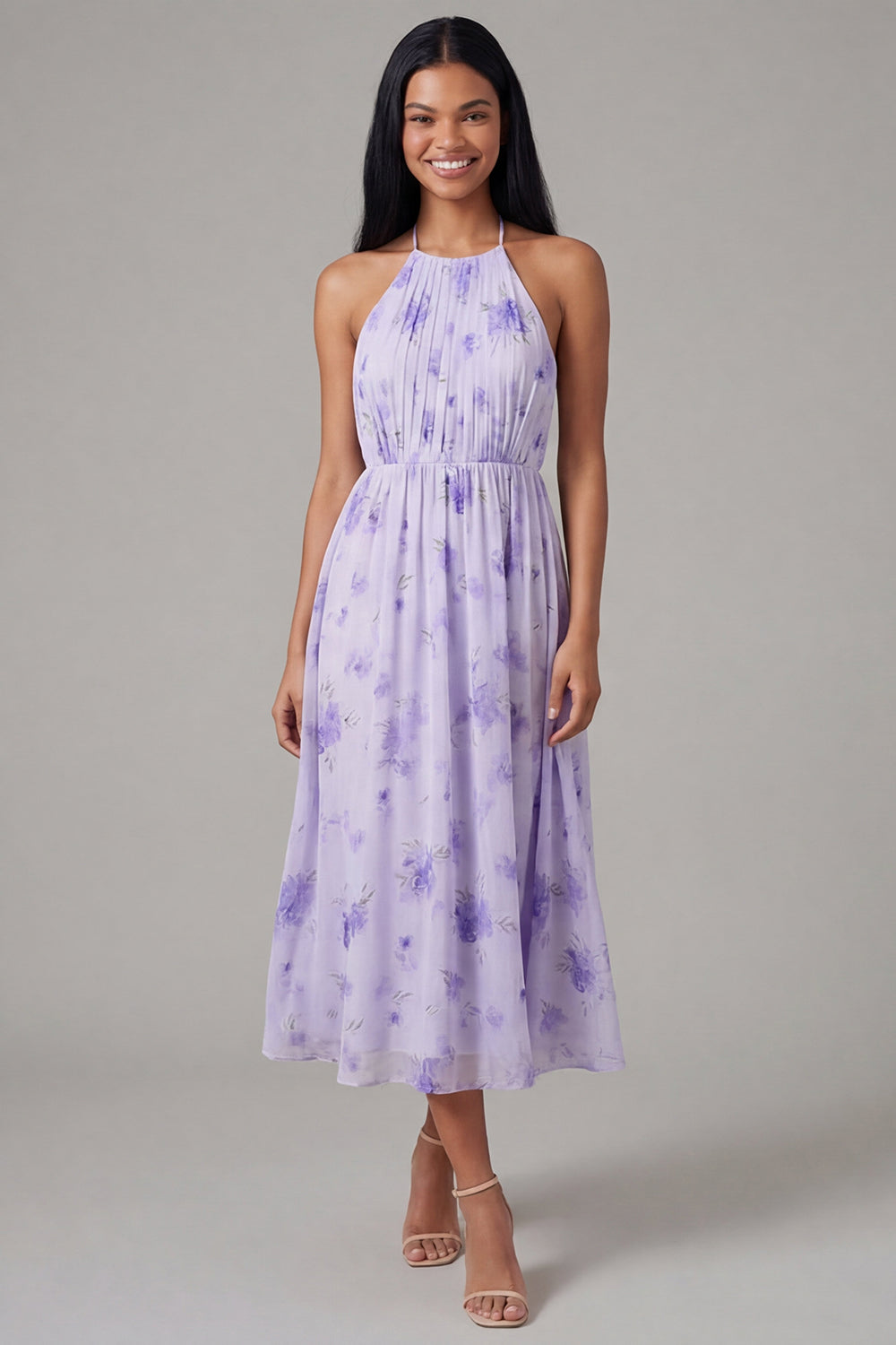 ZAPAKA Women Lilac Chiffon Midi Dress Ruched Sheath Halter Neck Floral