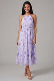 Lilac Chiffon Halter Neck Ruched Sheath Floral Midi Dress with Bow
