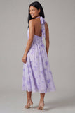 Lilac Chiffon Halter Neck Ruched Sheath Floral Midi Dress with Bow