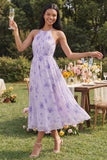 Lilac Chiffon Halter Neck Ruched Sheath Floral Midi Dress with Bow