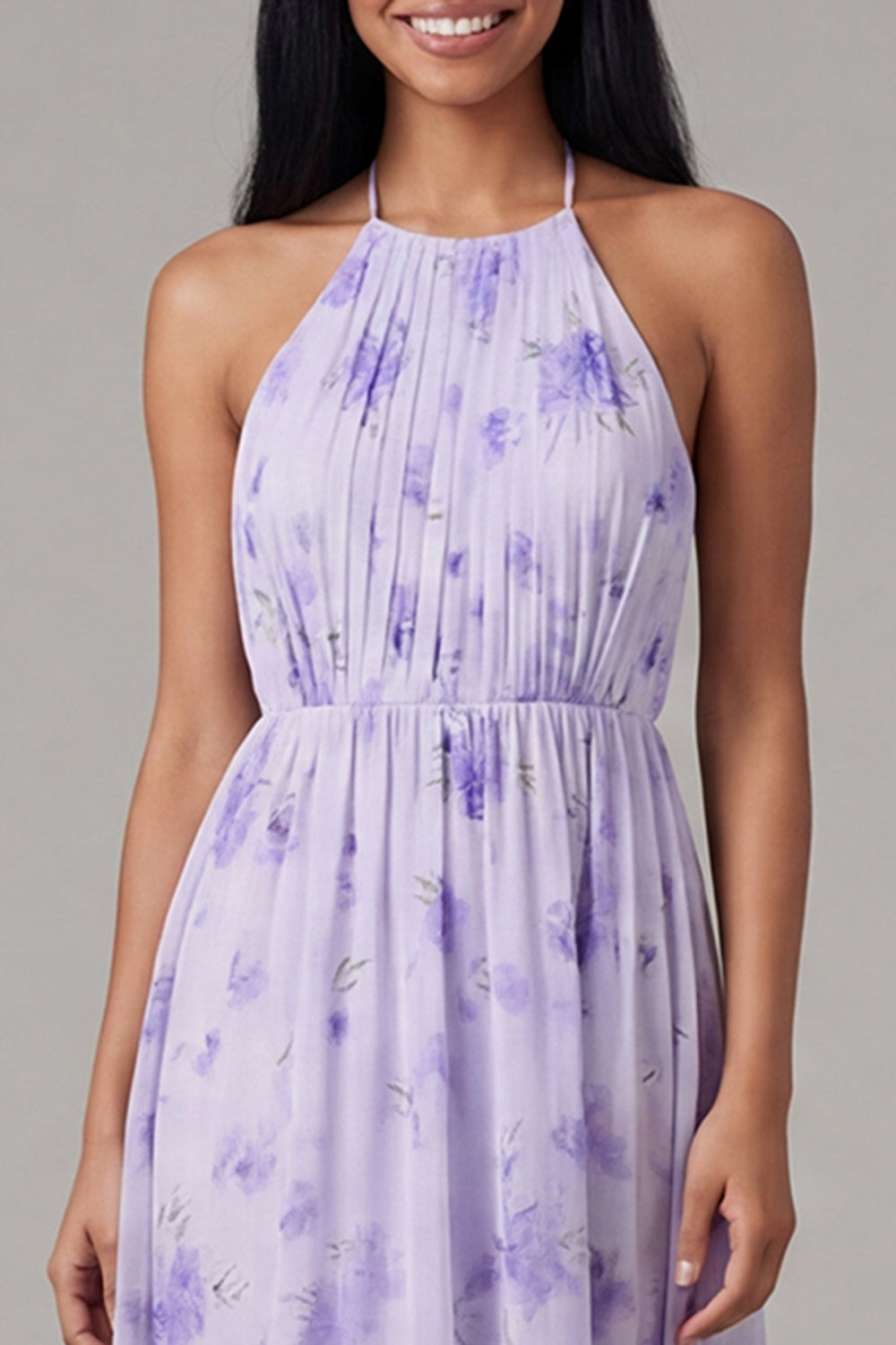 ZAPAKA Women Lilac Chiffon Midi Dress Ruched Sheath Halter Neck Floral