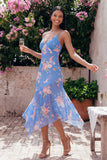 Blue Sheath Printed Floral Chiffon Asymmetrical Midi Dress