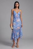 Blue Sheath Printed Floral Chiffon Asymmetrical Midi Dress