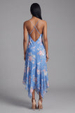 Blue Sheath Printed Floral Chiffon Asymmetrical Midi Dress