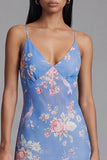 Blue Sheath Printed Floral Chiffon Asymmetrical Midi Dress