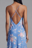 Blue Sheath Printed Floral Chiffon Asymmetrical Midi Dress