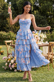 Blue Sheath Corset Tiered Chiffon Ruched Floral Print Midi Dress with Slit