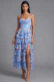 Blue Sheath Corset Tiered Chiffon Ruched Floral Print Midi Dress with Slit