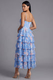 Blue Sheath Corset Tiered Chiffon Ruched Floral Print Midi Dress with Slit