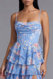 Blue Sheath Corset Tiered Chiffon Ruched Floral Print Midi Dress with Slit