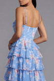 Blue Sheath Corset Tiered Chiffon Ruched Floral Print Midi Dress with Slit