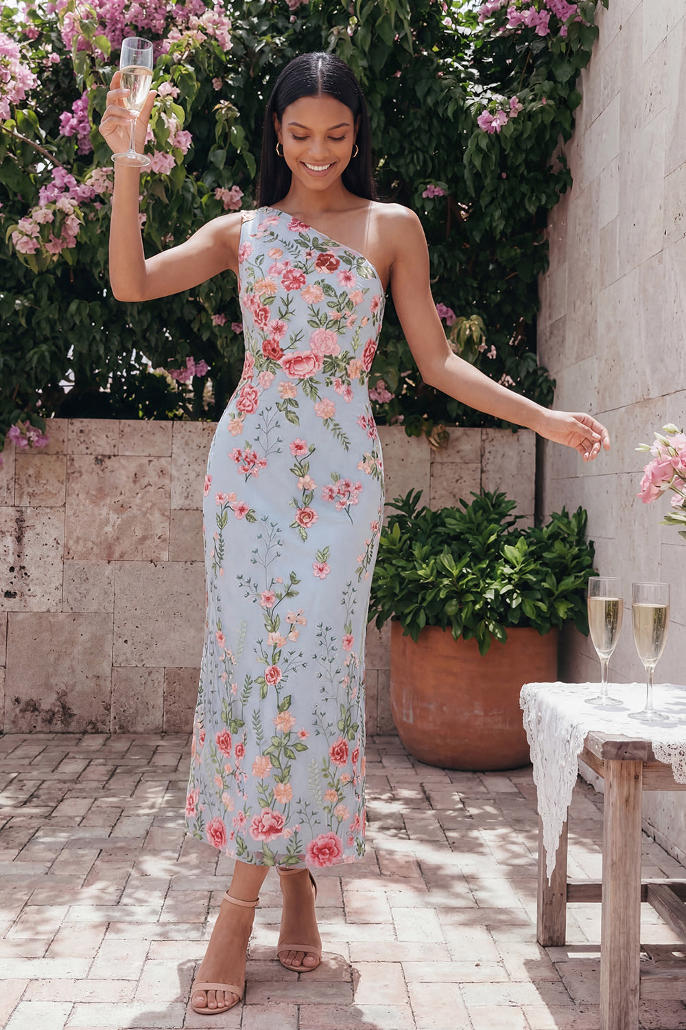 ZAPAKA Women Light Blue Midi Floral Dress One-Shoulder Embroidered Lace