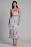 Light Blue Embroidered One-Shoulder Floral Midi Dress