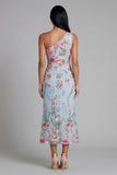 Light Blue Embroidered One-Shoulder Floral Midi Dress